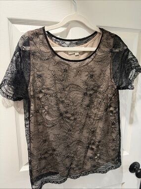 AT Loft Sheer Black Lace Overlay Top with Nude Lining